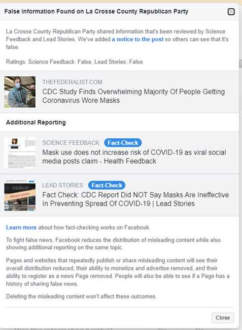 La Crosse County Republican Party post about masks removed